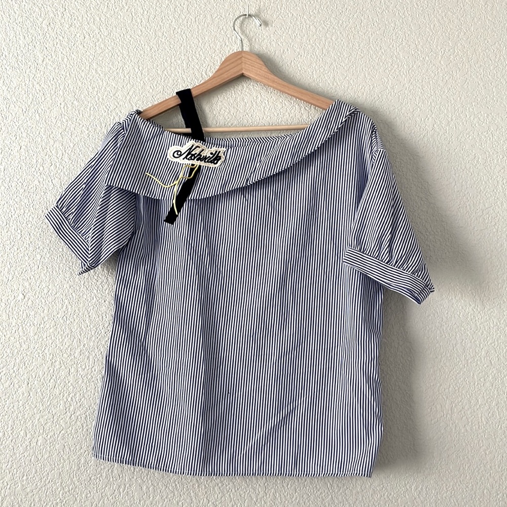 Striped Blue And White Shein Blouse with detail off shoulder “Nashville” patch.
